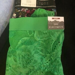 Cacique Green Lace Thong and black floral hipster panty. Size 26/28